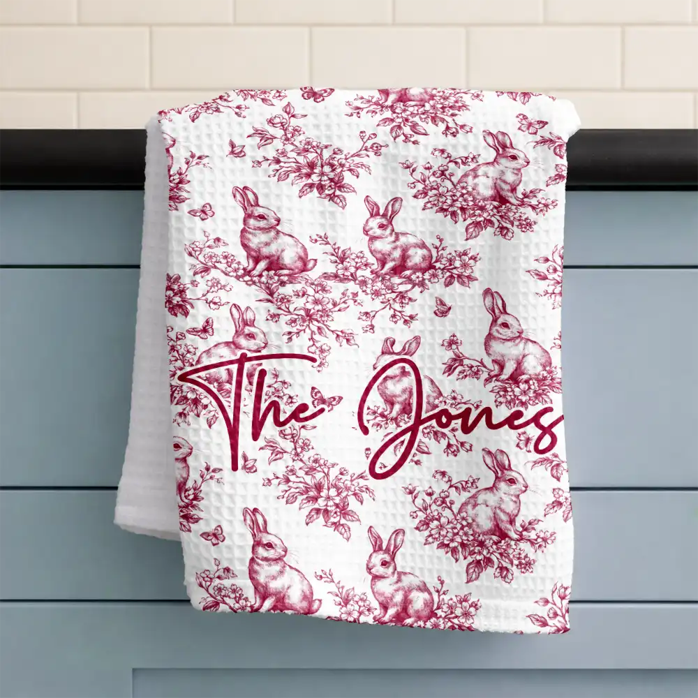 Easter,Gift For Wife,Parents,Gift For Grandma,Gift For Grandparents,Gift For Mother,Family - Happy Easter Toile Rabbit - Personalized Kitchen Towel