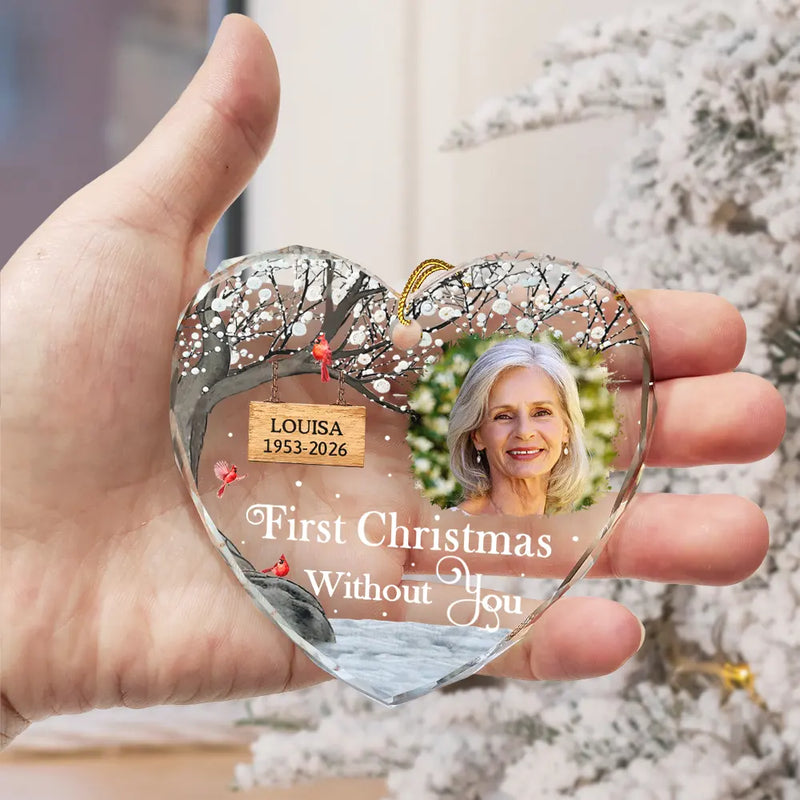 Custom Photo Memorial First Christmas Without You - Personalized Heart Shaped Glass Ornament