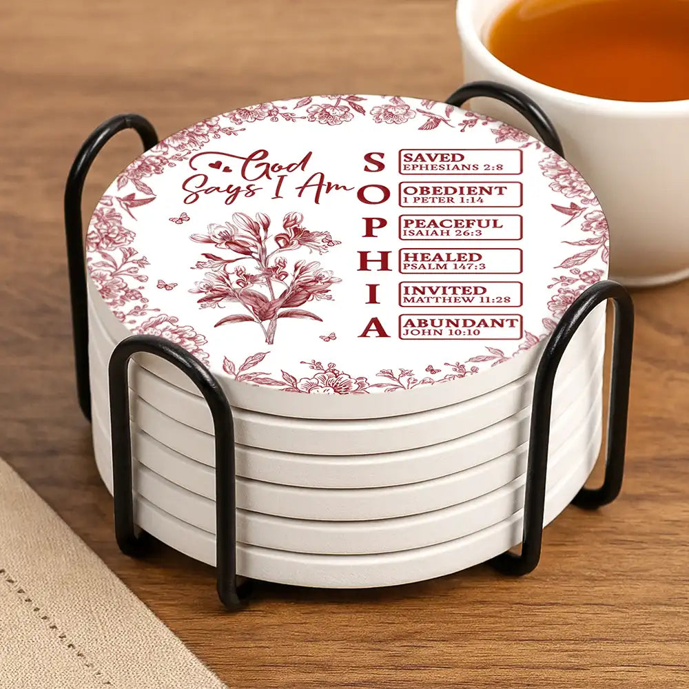 Gift For Women, Gift For Yourself, Gift For Daughter, Gift For Bestie, Happy - God Says I Am Toile De Jouy Flower - Personalized Ceramic Coaster