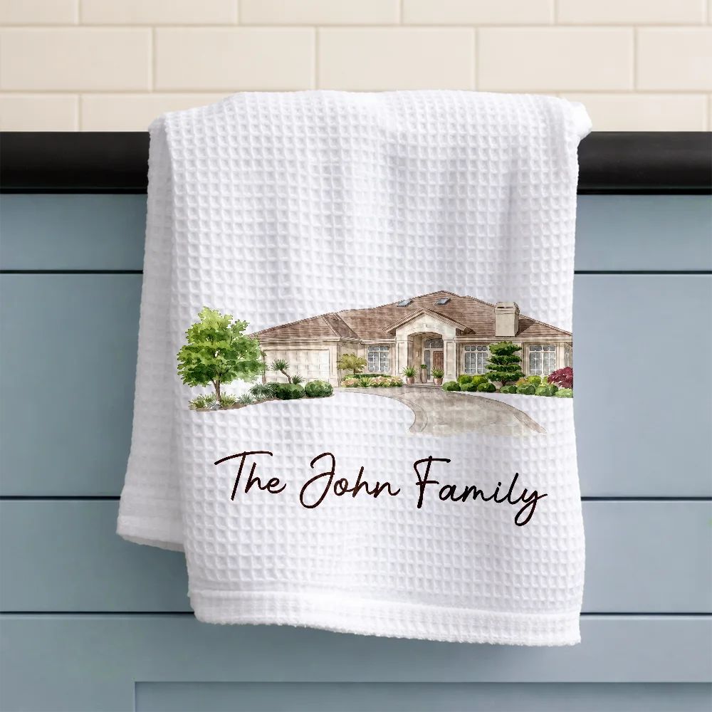 Custom Photo,Art Design,Family,Cozy,Photo - Colored Pencil  - Custom Photo Colored Pencil Sketch Our First Home Family Parents - Personalized Kitchen Towel