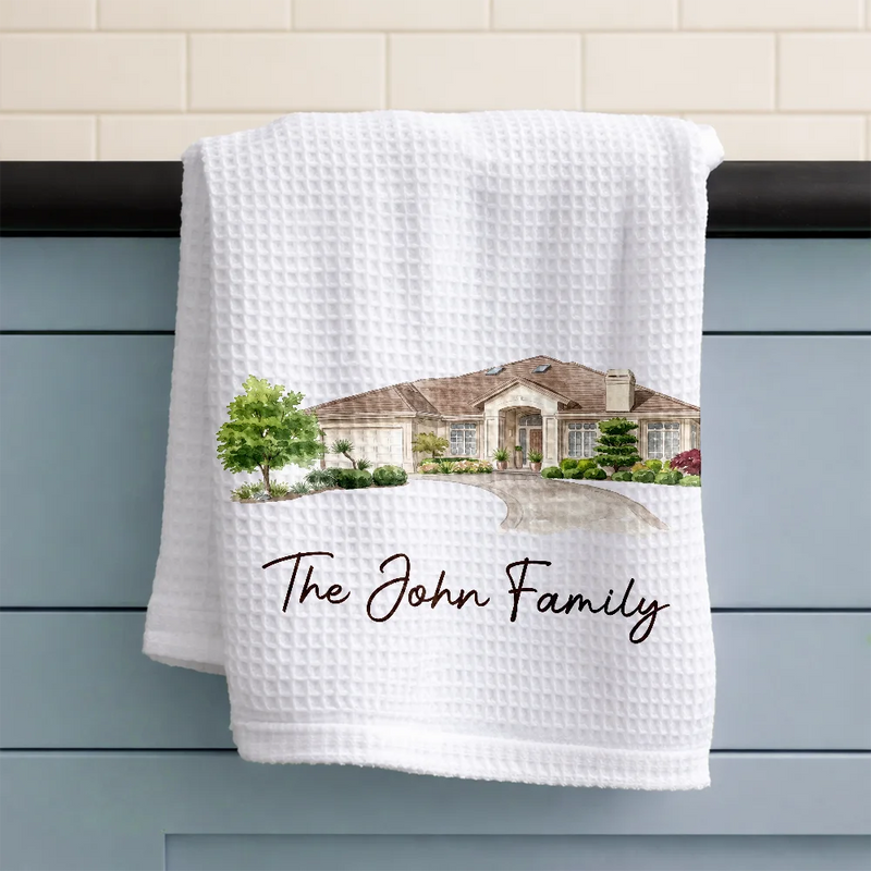 Custom Photo,Art Design,Family,Cozy,Photo - Colored Pencil  - Custom Photo Colored Pencil Sketch Our First Home Family Parents - Personalized Kitchen Towel