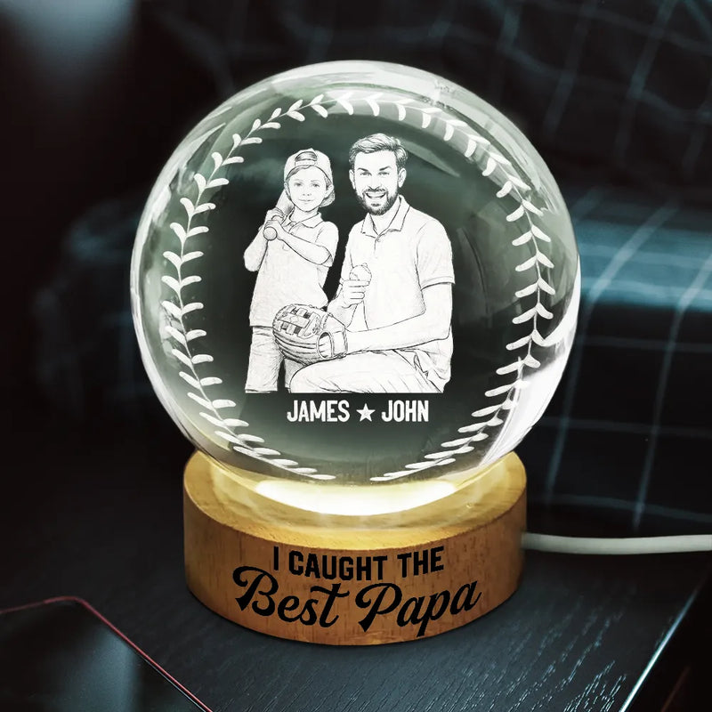 Gift For Father,Gift For Grandpa,Baseball,Non-Eng,Photo - Pencil Sketch (White BG),Proud - Custom Photo Pencil Sketch Art We Caught The Best Dad Grandpa - Personalized Crystal Globe Lamp