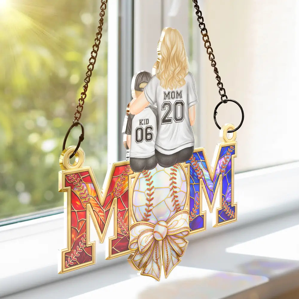 Baseball,Sport Mom,Gift For Mother,Mom - Children,Happy - Baseball Mom Behind A Baseball Player - Personalized Window Hanging Suncatcher Ornament
