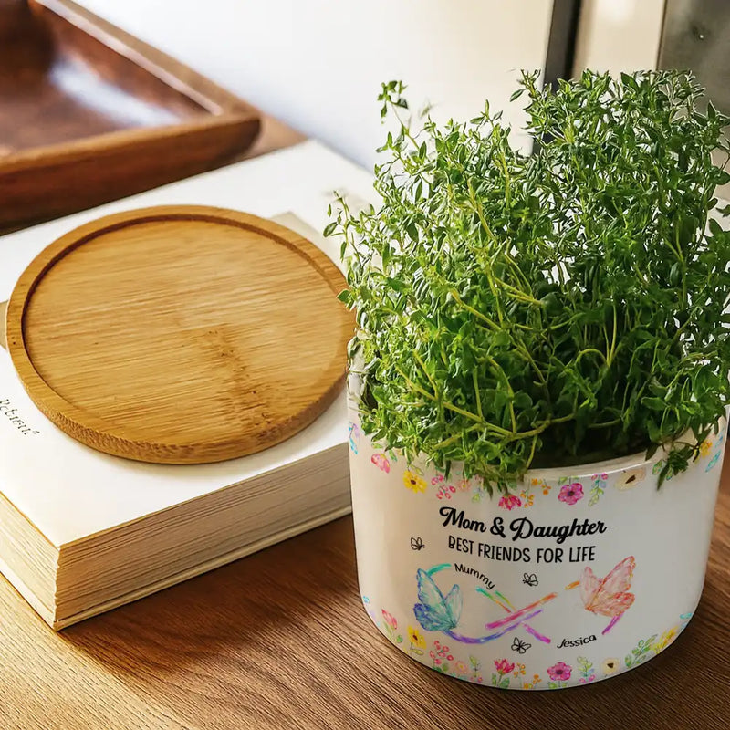 Gift For Mother,Gift For Grandma,Grandma - Grandkids,Mom - Daughters (Adult),Mom - Daughters (Young),Love,Happy - Mother And Daughter Forever Linked Together Crystal Butterflies - Personalized Ceramic Plant Pot