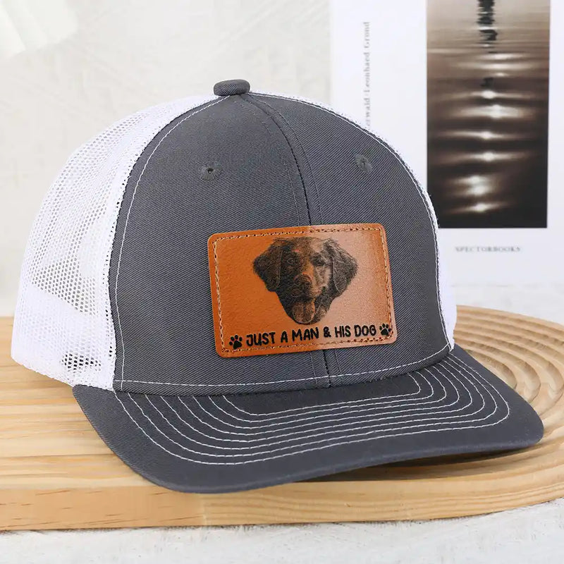Custom Photo, Pet Lovers, Pet Mom, Pet Dad, Happy - Custom Photo Pencil Sketch Just A Man & His Dog - Personalized Leather Patch Hat