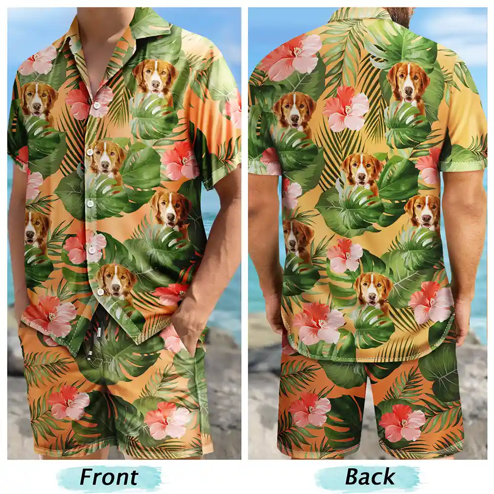 Gift For Husband,Gift For Boyfriend,Gift For Yourself,Parents,Gift For Men,Gift For Father,Gift For Grandpa,Pet Lovers,Pet Dad,Dog Lovers,Dog Dad,Cat Lovers,Cat Dad,Non-Eng,Photo,Playful - Custom Photo Tropical Leaves Pattern With Family Pet Face - Personalized Hawaii Set Shirt And Shorts