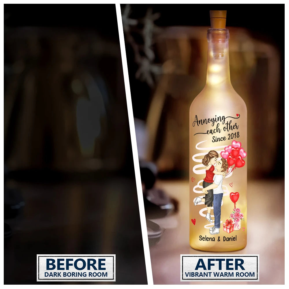 Gift For Couples, Gift For Husband, Gift For Wife - Chibi Side View Carrying Couple Together Since - Personalized Bottle Light