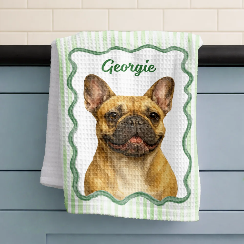 Happy,Dog Lovers,Pet Lovers,Cat Lovers - Custom Photo Watercolor Dog Cat Pet Portrait Vintage - Personalized Kitchen Towel