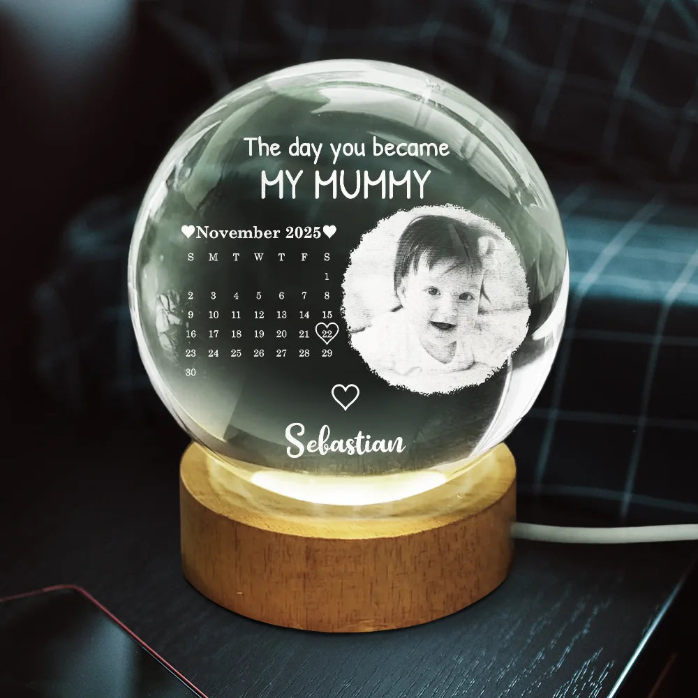 Custom Photo,New baby,New Mom,New Dad,Happy - Custom Photo Calendar The Day You Became My Mommy - Personalized Crystal Globe Lamp