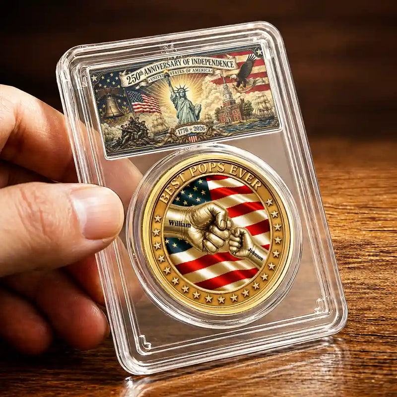 Gift For Father, America 250th, Independence Day, Top Market, Proud, Icon - 250Th Anniversary Best Dad Grandpa Ever Fist Bump - Personalized Commemorative Keepsake Coin