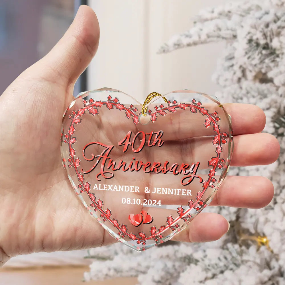 Gift For Couples,Gift For Husband,Gift For Wife,Old Couples,Married ,Wedding Anniversary,Anniversary,Christmas,Love - Married Couple Wedding Anniversary Milestones - 3D Precious Stone And Metal Effect Printed, Personalized Heart Shaped Glass Ornament