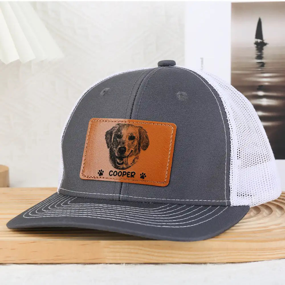 Custom Photo, Pet Lovers, Pet Mom, Pet Dad, Happy - Custom Photo Pencil Sketch Just A Man & His Dog - Personalized Leather Patch Hat