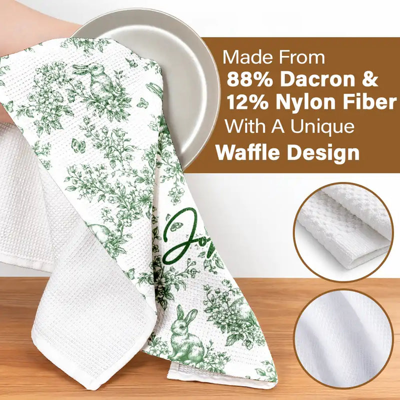 Easter,Gift For Wife,Parents,Gift For Grandma,Gift For Grandparents,Gift For Mother,Family - Happy Easter Toile Rabbit - Personalized Kitchen Towel