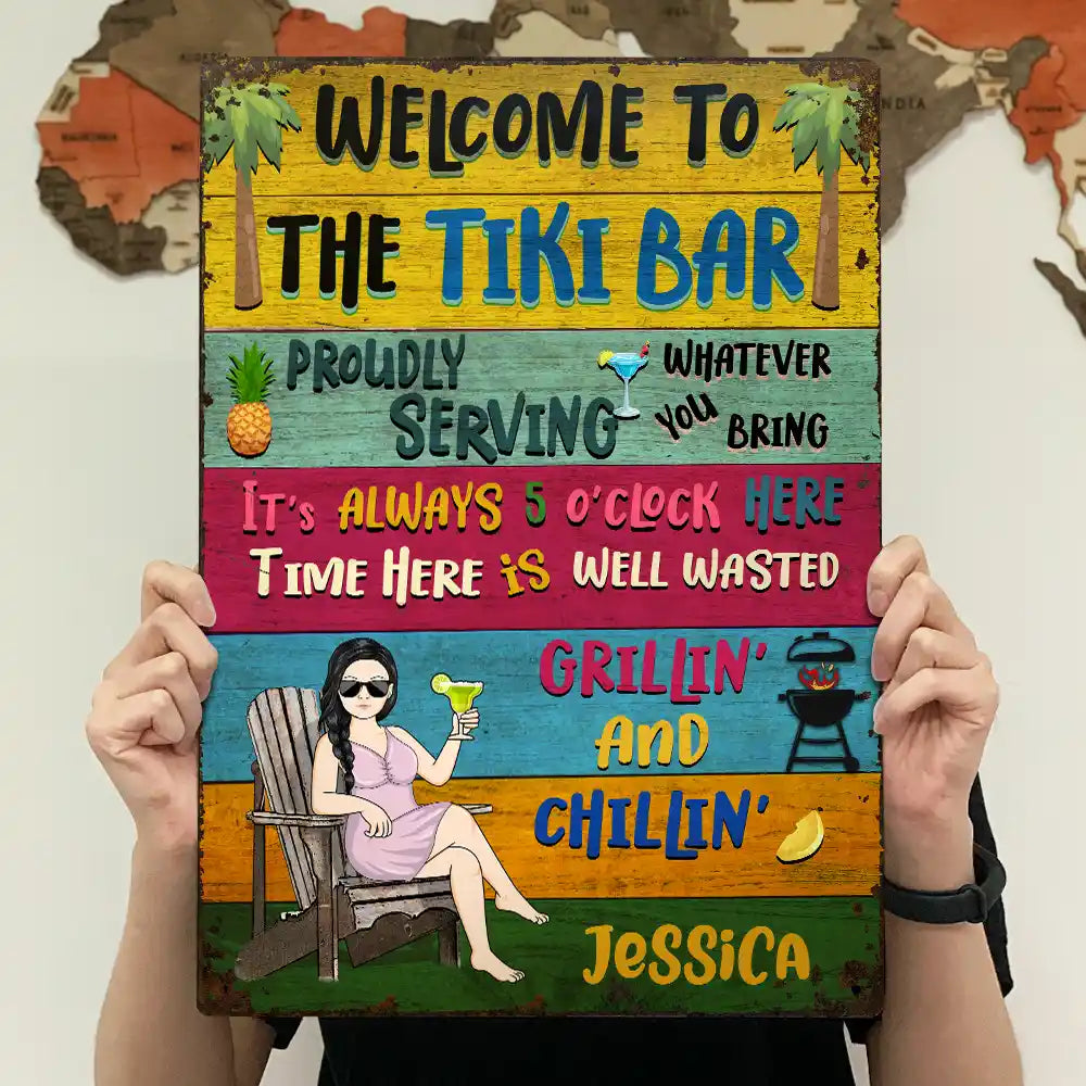 Patio Welcome Grilling Proudly Serving Whatever You Bring Husband Wife Couple Single - Backyard Sign - Personalized Custom Classic Metal Signs