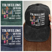 Travel,Gift For Yourself,Funny - Traveling Queen Classy Sassy - Personalized Vintage Washed Denim Cap