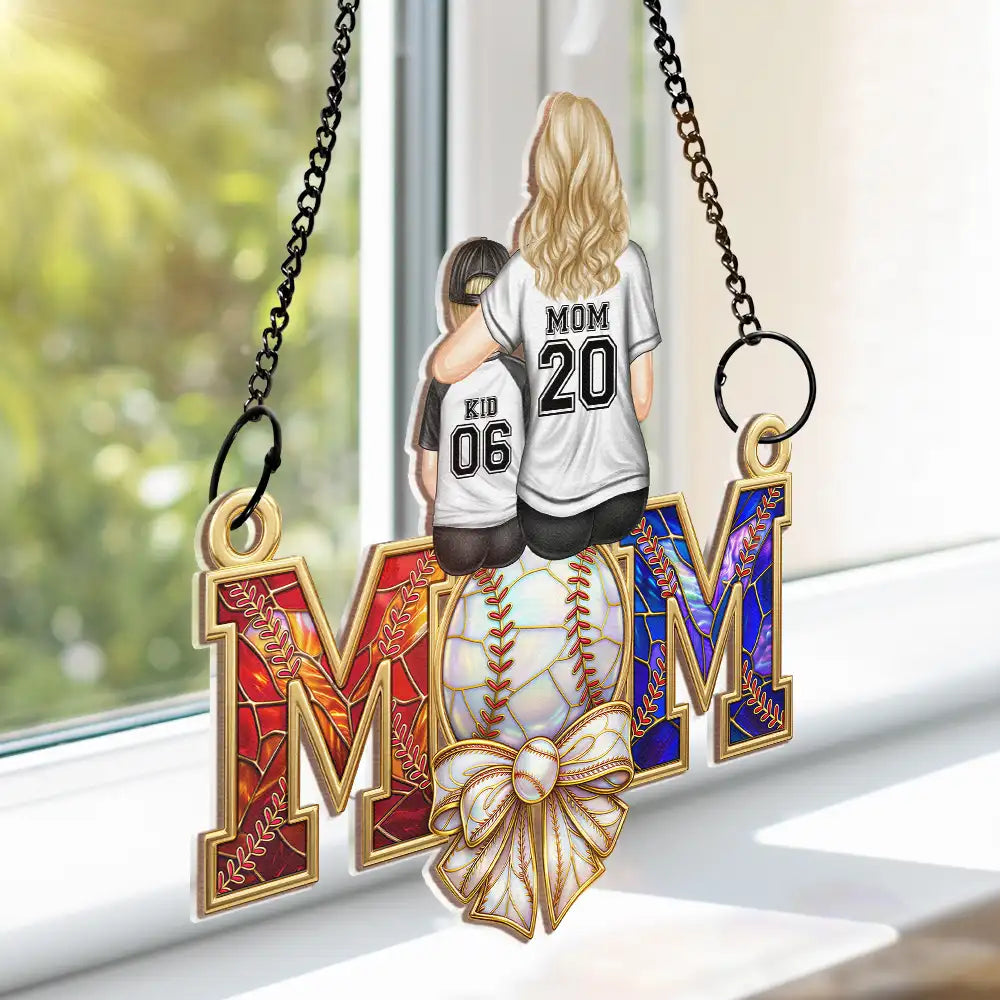 Baseball,Sport Mom,Gift For Mother,Mom - Children,Happy - Baseball Mom Behind A Baseball Player - Personalized Window Hanging Suncatcher Ornament