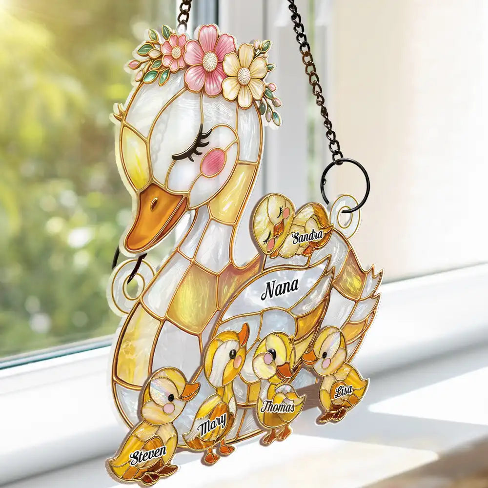 Gift For Grandma,Gift For Mother,Love - Duck Mother Ducklings Stained Glass Effect Mom Grandma - Personalized Window Hanging Suncatcher Ornament