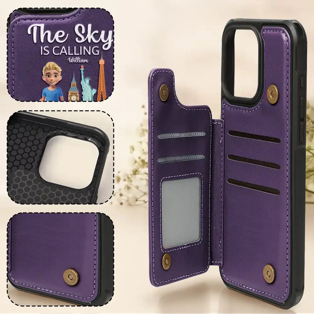 Travel, Gift For Yourself, Happy - The Sky Is Calling And I Must Go - Personalized Leather Flip Wallet Phone Case