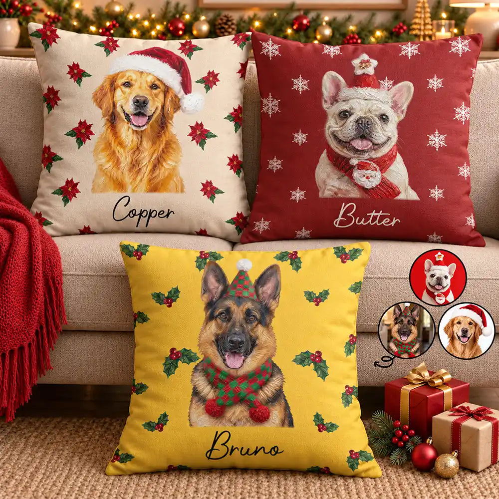 Christmas Gift For Dog Lovers - Personalized Custom Photo & Name Pet Dog Portrait With Holly Snowflake Poinsettia Pillow