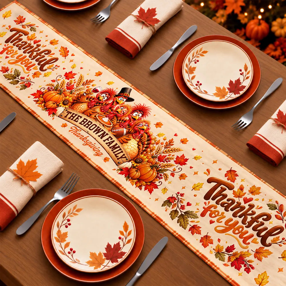 Thanksgiving Gift For Family Gathering - Personalized Family Name Thankful For You Turkey Gang Table Runner