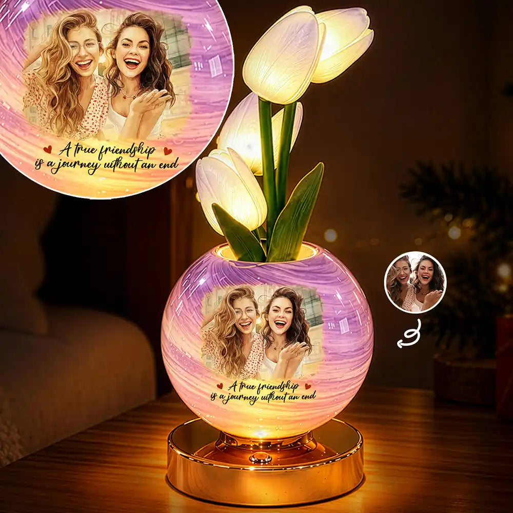 Home Decor Christmas Gift For Best Friend, Bestie, BFF - Personalized Custom Photo Watercolor Friendship Message Tulip LED Night Light