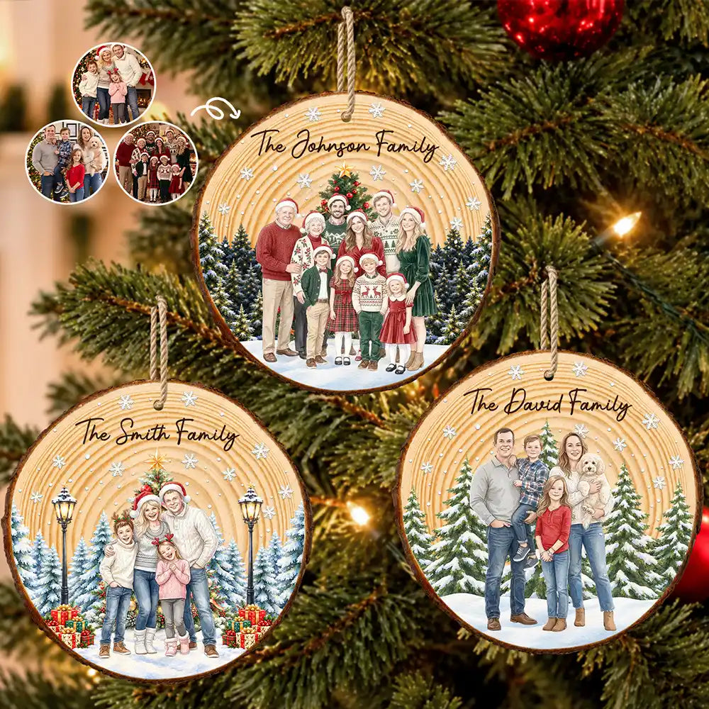 Christmas Gift For Family - Personalized Custom Photo Watercolor Home For The Holidays Wood Slice Ornament