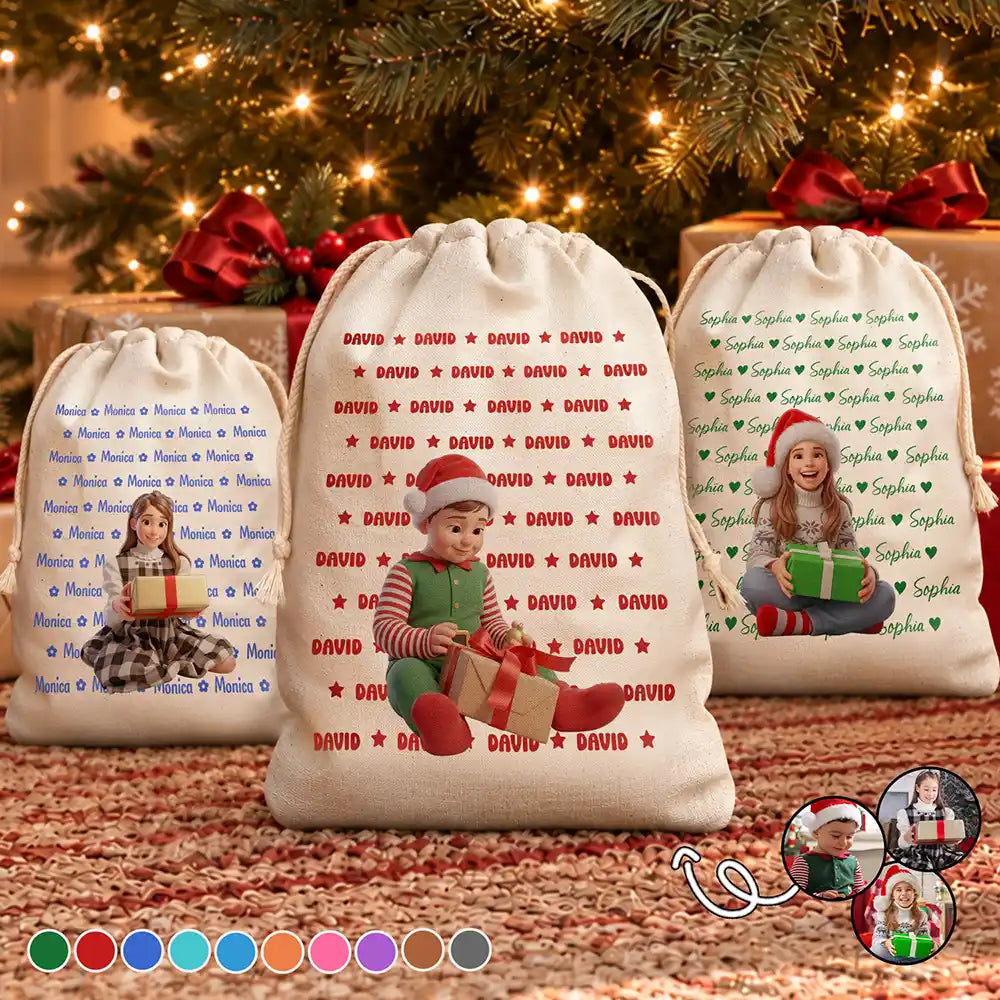 Christmas Gift For Kids - Personalized Custom Photo Adorable Kid With Name Heart Star Pattern Favor Bag