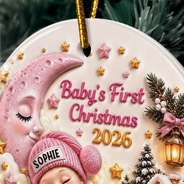 Christmas,Gift For Baby,New Baby,Sentimental,Vector - Baby's First Christmas - Personalized Sleeping Baby 3D Embossed Circle Ceramic Ornament