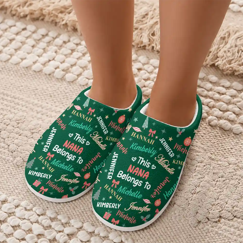 Christmas, Custom Text, Gift For Grandma, Gifts For Her, Happy - Christmas Gift For Grandma Nana - Personalized Kids Names Fluffy Slippers