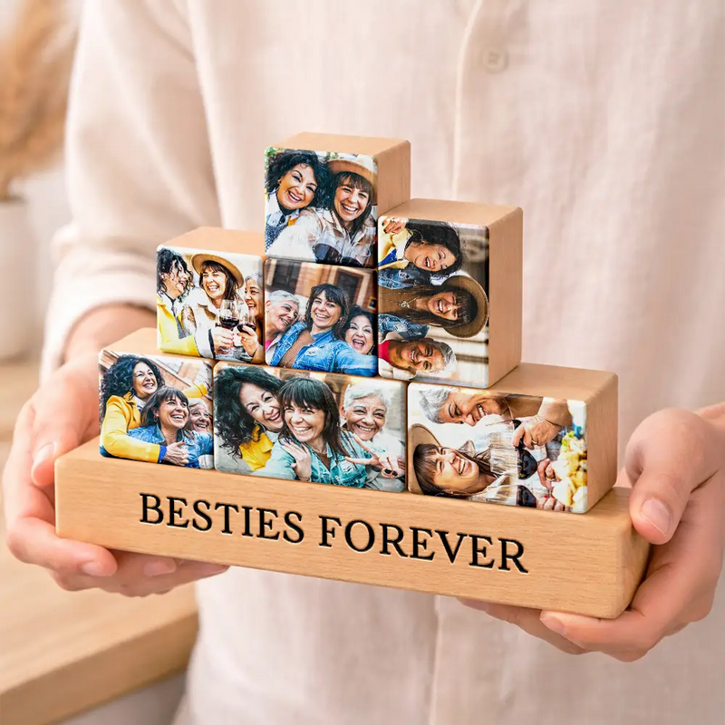Old Best friends, Gift For Bestie - Custom Photo Besties Forever - Personalized Wooden Stacking Photo Blocks