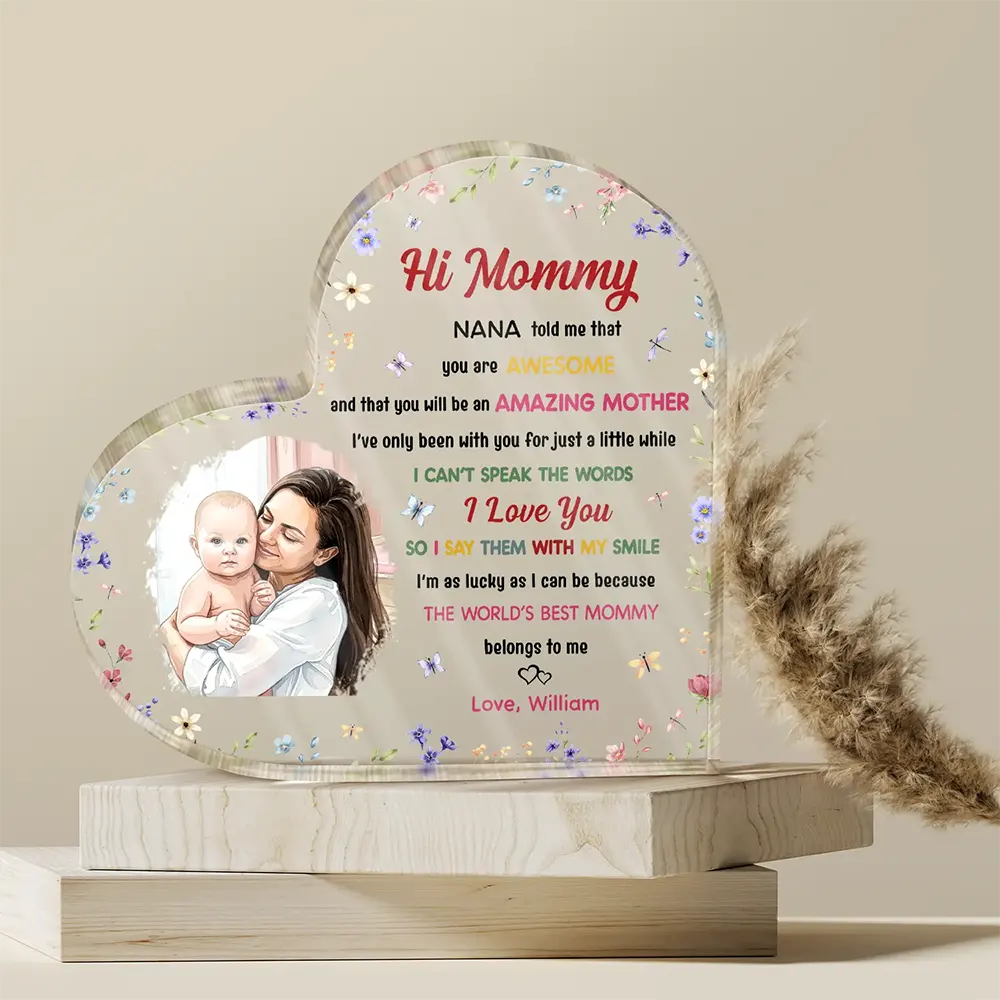 New Mom,Love,Gift For Mother - Custom Photo The World's Best Mommy Belongs To Me - Personalized Heart Shaped Acrylic Plaque