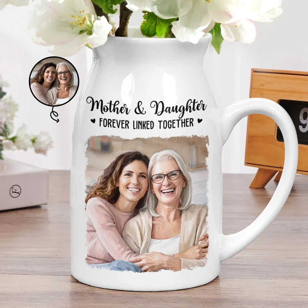 Gift For Wife,Gift For Women,Gift For Mother,Gift For Grandma,Mom - Daughters (Young),Mom - Daughters (Adult),Love,Mom - Children - Custom Photo Watercolor Painting Mother And Daughter Forever Linked Together - Personalized Ceramic Flower Vase
