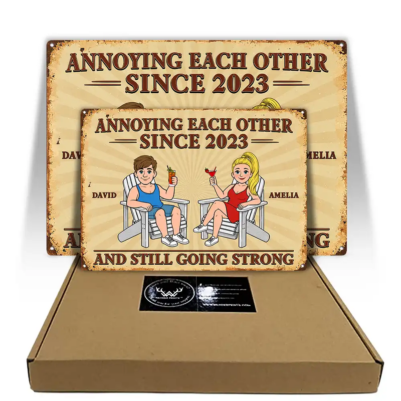 Top Market, Humorous, Old Couples, Gift For Couples, Vector - Annoying Each Other For Many Years Still Going Strong Retro Cartoon Couple - Personalized Classic Metal Signs
