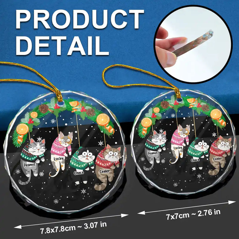 Christmas Funny Hanging Cats - Personalized Circle Glass Ornament