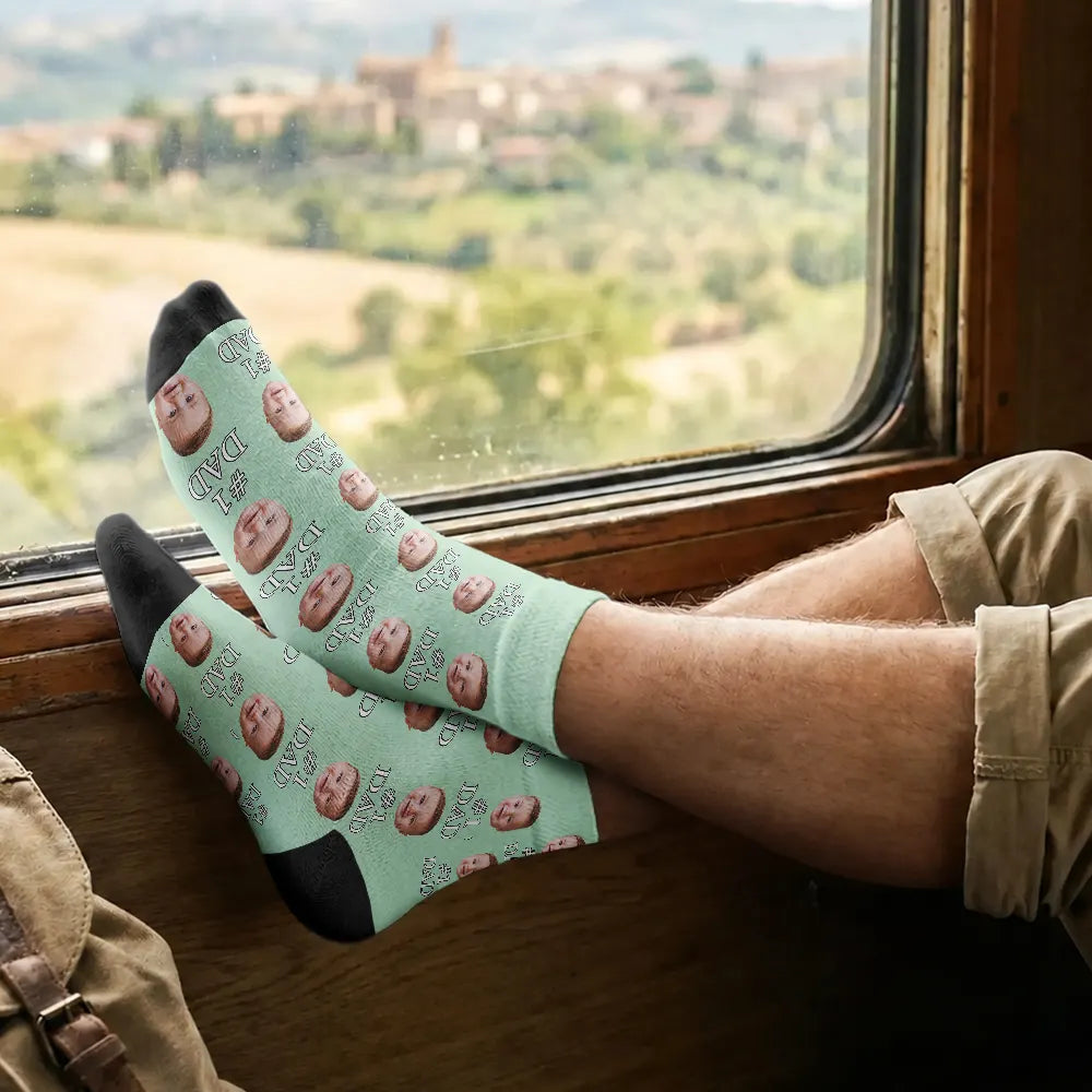 Gift For Father,Custom Photo,Adorable,Cut-Face Photo - Custom Photo I Love Dad Best Dad Ever - Personalized Crew Socks