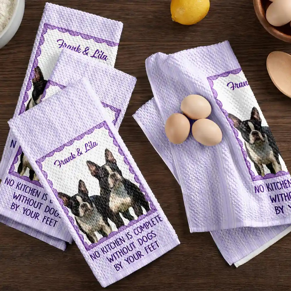 Happy, Dog Lovers, Pet Lovers, Cat Lovers - Custom Photo Realistic Watercolor Art No Kitchen Is Complete Without A Dog Cat By Your Feet - Personalized Kitchen Towel