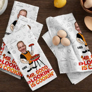 Custom Photo,Gift For Father,Grilling,Funny,Non-Eng,Photo - Custom Photo Mr Good Looking Is Cooking - Personalized Kitchen Towel