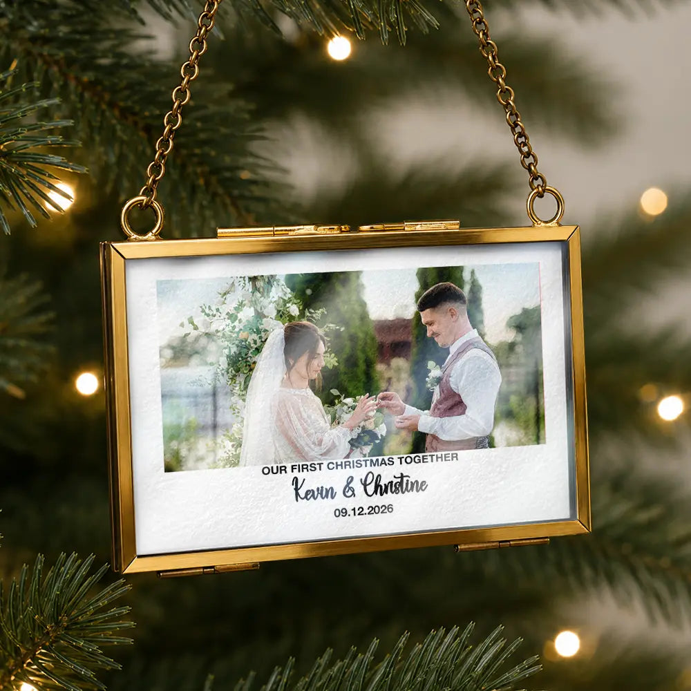 Art Design,Christmas,Custom Photo,First Christmas,Gift For Couples,Married Couple,Photo - Watercolor - Remove BG,Romantic,Top Market - Our First Christmas Couple - Personalized Custom Photo Watercolor Metal Frame Ornament