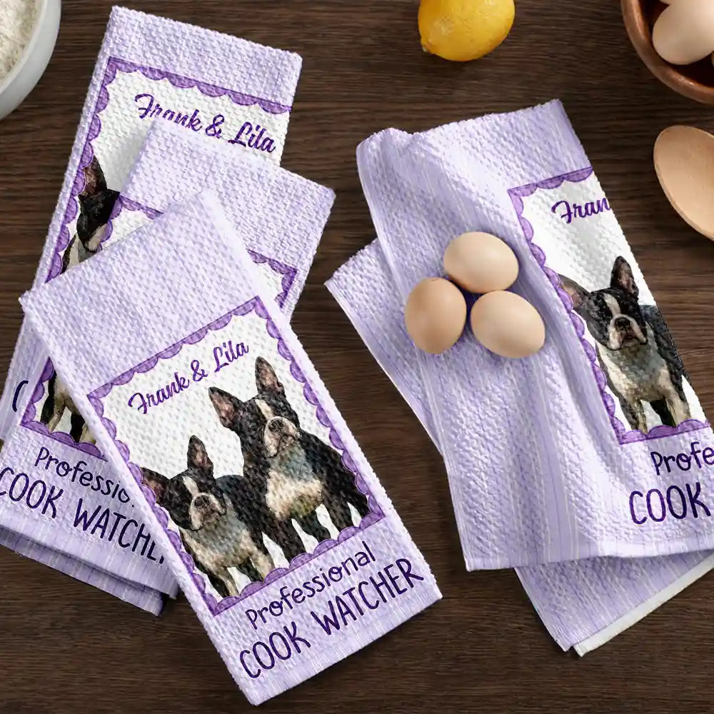 Dog Lovers,Pet Lovers,Cat Lovers,Funny,Non-Eng,Photo - Watercolor (remove BG) - Custom Photo Realistic Watercolor Art If It Hits The Floor It's Mine Dog cat - Personalized Kitchen Towel