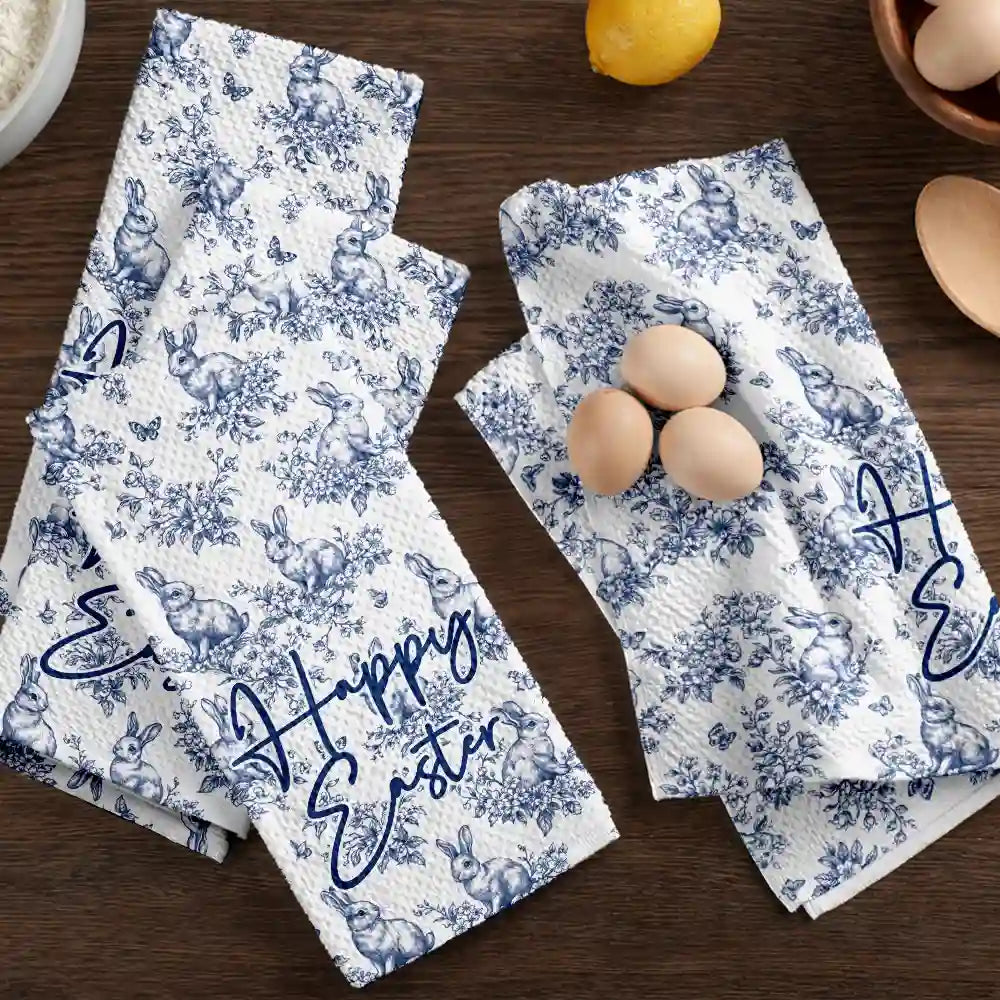Easter,Gift For Wife,Parents,Gift For Grandma,Gift For Grandparents,Gift For Mother,Family - Happy Easter Toile Rabbit - Personalized Kitchen Towel