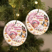Christmas,Gift For Baby,New Baby,Sentimental,Vector - Baby's First Christmas - Personalized Sleeping Baby 3D Embossed Circle Ceramic Ornament