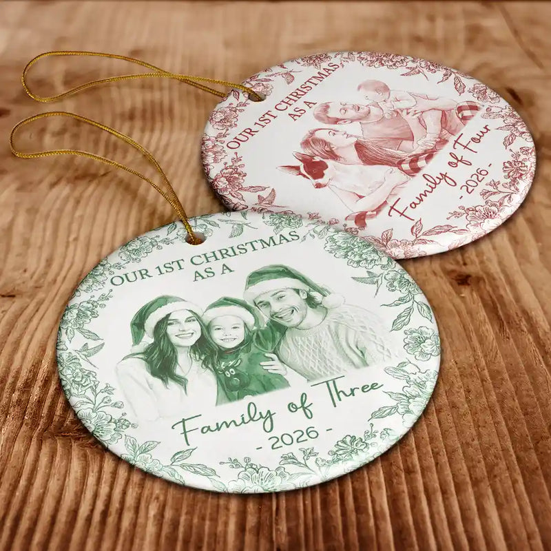 Art Design,Christmas,Family,Photo - Porcelain Art Style,Happy - Custom Photo Single-Color Watercolor First Christmas As A Family Of Four - Personalized Circle Ceramic Ornament
