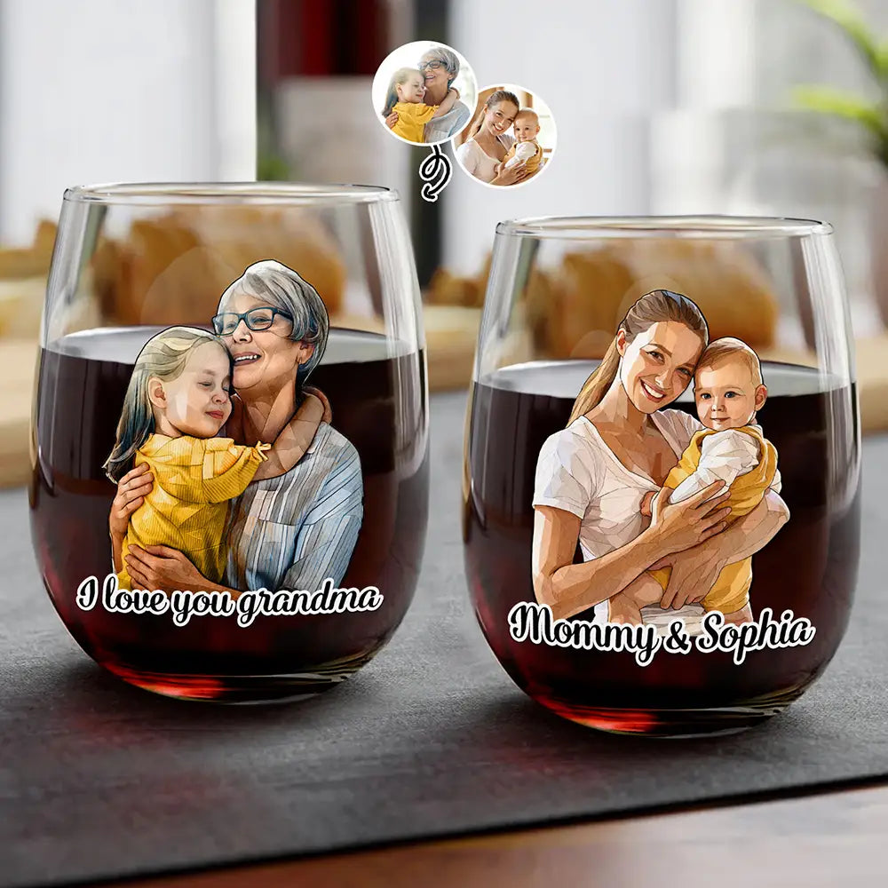 Custom Photo Stained Glass Portrait Mom Grandma Parents Family - Personalized Stemless Wine Glass