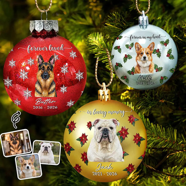 Art Design,Christmas,Custom Photo,Dog Lovers,Memorial,Pet Lovers,Pet Memorial,Photo - Oil Painting,Sympathetic - Christmas Memorial Gift For Loss Of Dog - Personalized Custom Photo Name & Years Forever Loved Dog Portrait Ball Ornament