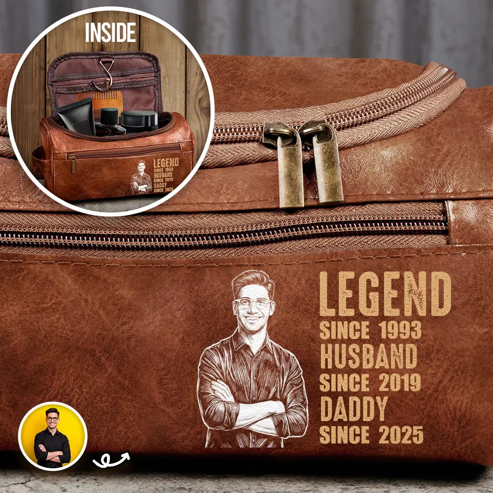 Custom Photo White Pencil Sketch Art Legend Husband Daddy Since - Personalized Leather Toiletry Bag