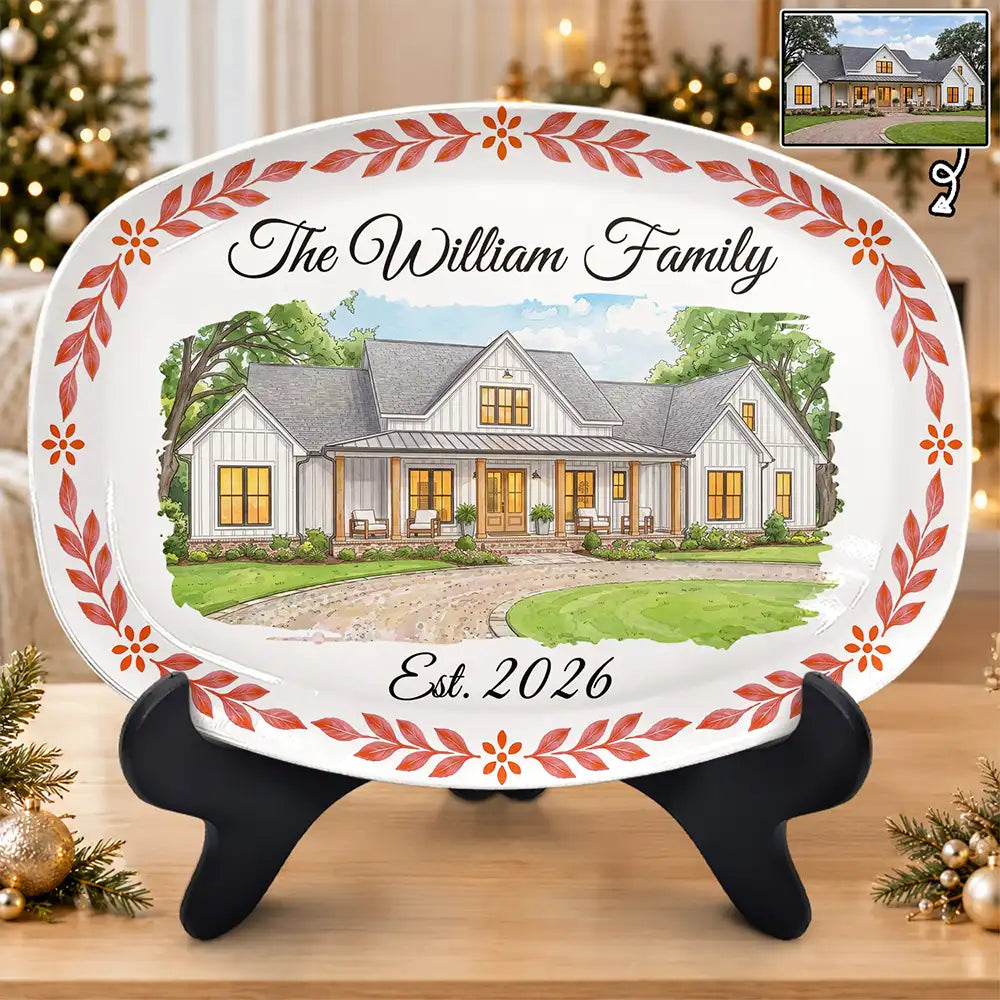 Housewarming Gift For Couples - Personalized Custom Photo Watercolor New Home Portrait Plate