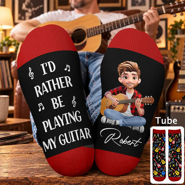 Christmas,Gift For Men,Gift For Yourself,Gifts For Him,Guitar,Happy,Music,Top Market,Vector - Gift For Guitar Lovers - Personalized I'd Rather Be Playing My Guitar Socks