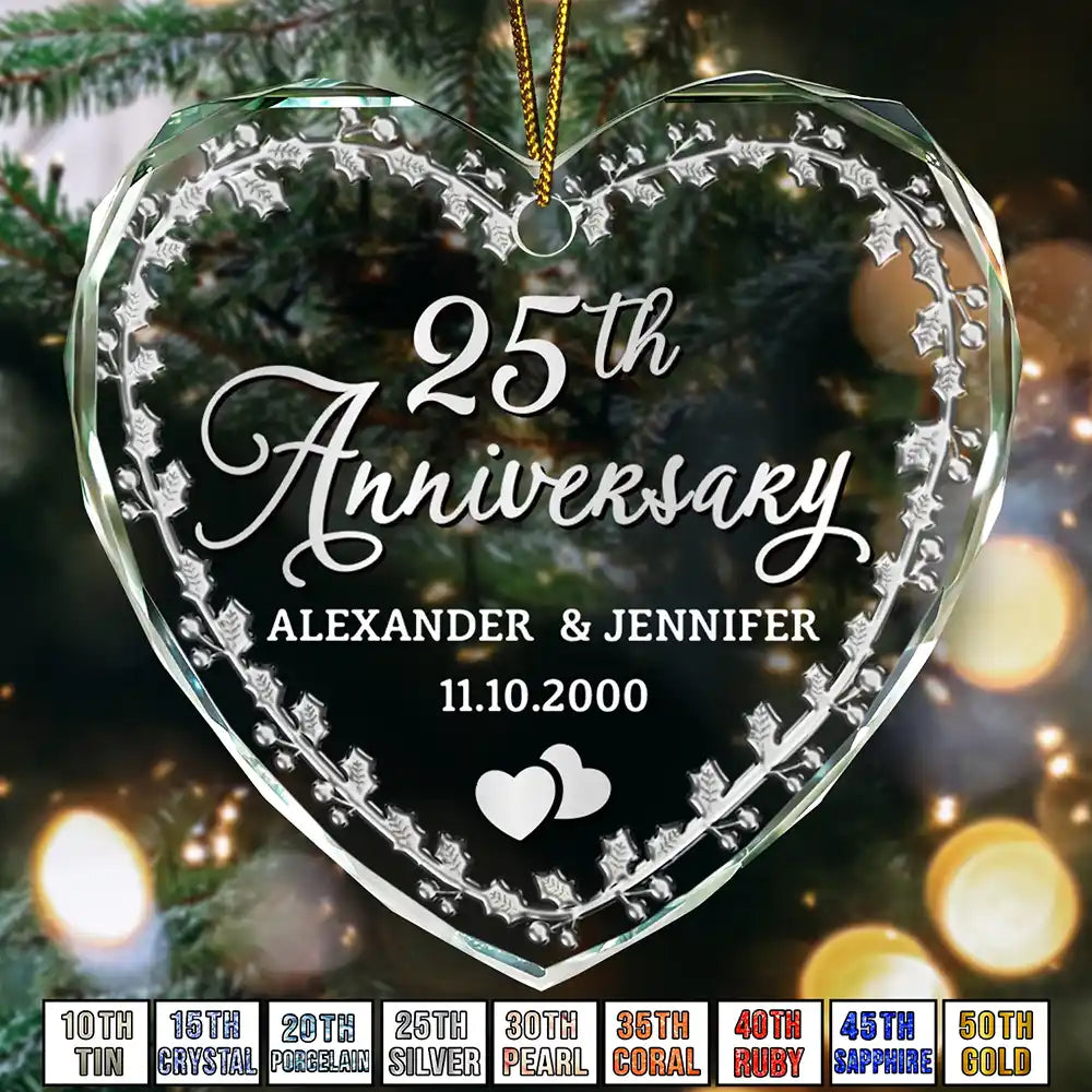 Married Couple Wedding Anniversary Milestones - 3D Precious Stone And Metal Effect Printed, Personalized Heart Shaped Glass Ornament