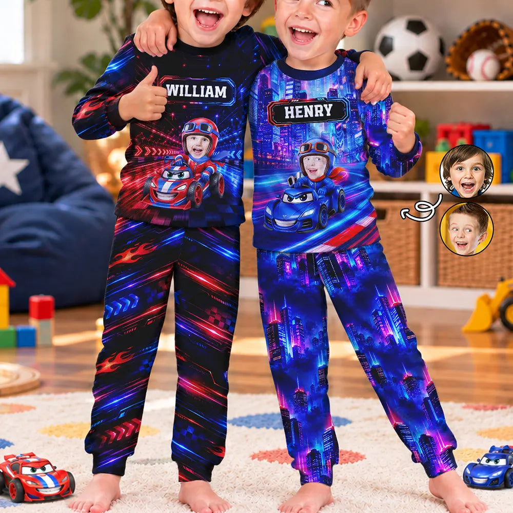 Gift For Kids Boys - Personalized Custom Photo Photo & Name Race Car Driver With Lightning Kid Pajamas Set