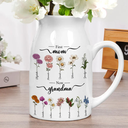 First Mom Now Grandma Birth Flowers - Personalized Ceramic Flower Vase